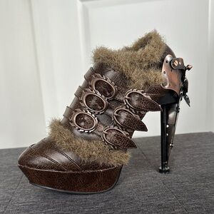 Goth Steampunk Brown Heeled Boots, with Fur-Lining, Buckles & Butterflies